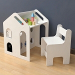 Детско Бюро Къщичка GINGER HOME със Столче, Етажерка и Черна Дъска, Монтесори Маса за Рисуване и Учене, Бяло, Масивно Дърво и MDF, 55x51x69 см
