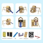 Голяма Детска Дървена Къщичка GINGER HOME за Двор с Пързалка, 2 Люлки, Катерушка и Пясъчник – 250×150×267 см
