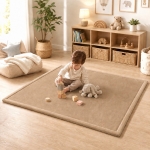 Детски Мемори Килим GINGER HOME LOLLA, 150x200 см, 3,5 см Дебелина, Кадифено Мек Водоустойчив Горен Слой, Мемори Пяна, Противохлъзгаща Основа, Бежов