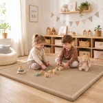 Детски Мемори Килим GINGER HOME LOLLA, 150x200 см, 3,5 см Дебелина, Кадифено Мек Водоустойчив Горен Слой, Мемори Пяна, Противохлъзгаща Основа, Бежов