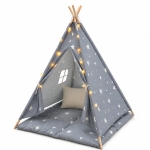 Детска Памучна Палатка GINGER HOME Little Stars, Типи, Сива със Звезди, 100% Памук, с Мека Подложка с Пълнеж, Възглавница и LED Лампички, 120x120x160 см