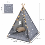 Детска Памучна Палатка GINGER HOME Little Stars, Типи, Сива със Звезди, 100% Памук, с Мека Подложка с Пълнеж, Възглавница и LED Лампички, 120x120x160 см