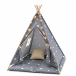 Детска Памучна Палатка GINGER HOME Little Stars, Типи, Сива със Звезди, 100% Памук, с Мека Подложка с Пълнеж, Възглавница и LED Лампички, 120x120x160 см