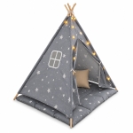 Детска Памучна Палатка GINGER HOME Little Stars, Типи, Сива със Звезди, 100% Памук, с Мека Подложка с Пълнеж, Възглавница и LED Лампички, 120x120x160 см