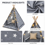 Детска Памучна Палатка GINGER HOME Little Stars, Типи, Сива със Звезди, 100% Памук, с Мека Подложка с Пълнеж, Възглавница и LED Лампички, 120x120x160 см