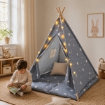 Детска Памучна Палатка GINGER HOME Little Stars, Типи, Сива със Звезди, 100% Памук, с Мека Подложка с Пълнеж, Възглавница и LED Лампички, 120x120x160 см
