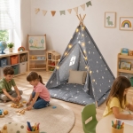 Детска Памучна Палатка GINGER HOME Little Stars, Типи, Сива със Звезди, 100% Памук, с Мека Подложка с Пълнеж, Възглавница и LED Лампички, 120x120x160 см