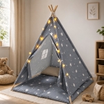 Детска Памучна Палатка GINGER HOME Little Stars, Типи, Сива със Звезди, 100% Памук, с Мека Подложка с Пълнеж, Възглавница и LED Лампички, 120x120x160 см