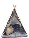 Детска Памучна Палатка GINGER HOME Little Stars, Типи, Сива със Звезди, 100% Памук, с Мека Подложка с Пълнеж, Възглавница и LED Лампички, 120x120x160 см