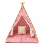 Детска Памучна Палатка GINGER HOME Little Stars, Типи, Розова със Звезди, 100% Памук, с Мека Подложка с Пълнеж, Възглавница и LED Лампички, 120x120x160 см