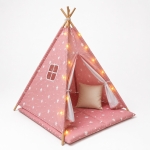 Детска Памучна Палатка GINGER HOME Little Stars, Типи, Розова със Звезди, 100% Памук, с Мека Подложка с Пълнеж, Възглавница и LED Лампички, 120x120x160 см