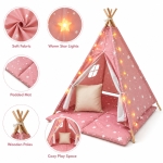 Детска Памучна Палатка GINGER HOME Little Stars, Типи, Розова със Звезди, 100% Памук, с Мека Подложка с Пълнеж, Възглавница и LED Лампички, 120x120x160 см