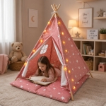 Детска Памучна Палатка GINGER HOME Little Stars, Типи, Розова със Звезди, 100% Памук, с Мека Подложка с Пълнеж, Възглавница и LED Лампички, 120x120x160 см
