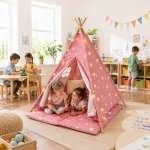 Детска Памучна Палатка GINGER HOME Little Stars, Типи, Розова със Звезди, 100% Памук, с Мека Подложка с Пълнеж, Възглавница и LED Лампички, 120x120x160 см