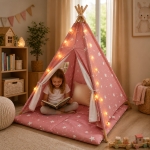 Детска Памучна Палатка GINGER HOME Little Stars, Типи, Розова със Звезди, 100% Памук, с Мека Подложка с Пълнеж, Възглавница и LED Лампички, 120x120x160 см
