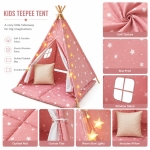 Детска Памучна Палатка GINGER HOME Little Stars, Типи, Розова със Звезди, 100% Памук, с Мека Подложка с Пълнеж, Възглавница и LED Лампички, 120x120x160 см