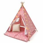 Детска Памучна Палатка GINGER HOME Little Stars, Типи, Розова със Звезди, 100% Памук, с Мека Подложка с Пълнеж, Възглавница и LED Лампички, 120x120x160 см