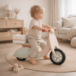 Детско Дървено Баланс Колело GINGER HOME – Мотоциклет с Кутия за Пица, 81×36×52 см