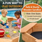 Детски дървен пясъчник GINGER HOME – 8-странен модел с 4 седалки, 134.5×134.5 см