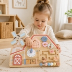 Дървена Монтесори Активна Дъска GINGER HOME, Ферма с Мелница, Лабиринт, Часовник и Зъбни Колела, 33x24x5 см