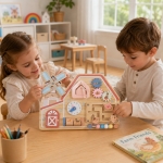 Дървена Монтесори Активна Дъска GINGER HOME, Ферма с Мелница, Лабиринт, Часовник и Зъбни Колела, 33x24x5 см