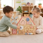 Дървена Монтесори Активна Дъска GINGER HOME, Ферма с Мелница, Лабиринт, Часовник и Зъбни Колела, 33x24x5 см