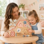 Дървена Монтесори Активна Дъска GINGER HOME, Ферма с Мелница, Лабиринт, Часовник и Зъбни Колела, 33x24x5 см