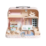 Детска Дървена Къща Куфар GINGER HOME, Преносима Мини Къща за Кукли с Мебели и Аксесоари, Розова, 30.5x20.5x10.5 см