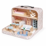 Детска Дървена Къща Куфар GINGER HOME, Преносима Мини Къща за Кукли с Мебели и Аксесоари, Розова, 30.5x20.5x10.5 см