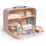 Детска Дървена Къща Куфар GINGER HOME, Преносима Мини Къща за Кукли с Мебели и Аксесоари, Розова, 30.5x20.5x10.5 см