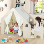 Детска Дървена Къща за Игра 6 в 1 GINGER HOME – Стол, Маса, Черна Дъска, Органайзер, Тента и Мека Подложка