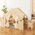 Детска Дървена Къща за Игра 6 в 1 GINGER HOME – Стол, Маса, Черна Дъска, Органайзер, Тента и Мека Подложка