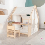 Детска Дървена Къща за Игра 6 в 1 GINGER HOME – Стол, Маса, Черна Дъска, Органайзер, Тента и Мека Подложка