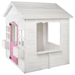 Детска Дървена Къщичка за Игра GINGER HOME – Градинска Къща с Прозорци и Саксии, Бяла, 123×106×125 см