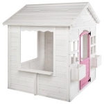 Детска Дървена Къщичка за Игра GINGER HOME – Градинска Къща с Прозорци и Саксии, Бяла, 123×106×125 см