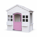 Детска Дървена Къщичка за Игра GINGER HOME – Градинска Къща с Прозорци и Саксии, Бяла, 123×106×125 см
