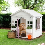 Детска Дървена Къщичка за Игра GINGER HOME – Градинска Къща с Прозорци и Саксии, Бяла, 123×106×125 см