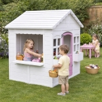Детска Дървена Къщичка за Игра GINGER HOME – Градинска Къща с Прозорци и Саксии, Бяла, 123×106×125 см