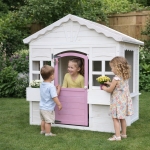 Детска Дървена Къщичка за Игра GINGER HOME – Градинска Къща с Прозорци и Саксии, Бяла, 123×106×125 см
