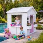 Детска Дървена Къщичка за Игра GINGER HOME – Градинска Къща с Прозорци и Саксии, Бяла, 123×106×125 см