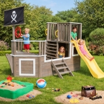 Детска Дървена Катерушка Пиратски Кораб с Пързалка и Пясъчник GINGER HOME – За Двор и Градина, 310×320×180 см