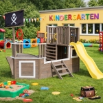 Детска Дървена Катерушка Пиратски Кораб с Пързалка и Пясъчник GINGER HOME – За Двор и Градина, 310×320×180 см