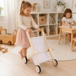 Детска Дървена Количка за Кукли GINGER HOME с Мек Текстилен Кош, Натурално Дърво, 34x46x49.5 см