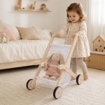 Детска Дървена Количка за Кукли GINGER HOME с Мек Текстилен Кош, Натурално Дърво, 34x46x49.5 см