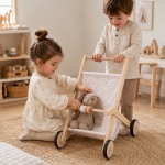 Детска Дървена Количка за Кукли GINGER HOME с Мек Текстилен Кош, Натурално Дърво, 34x46x49.5 см