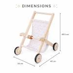 Детска Дървена Количка за Кукли GINGER HOME с Мек Текстилен Кош, Натурално Дърво, 34x46x49.5 см