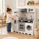 Детска Дървена Кухня GINGER HOME с Хладилник, Мивка с Течаща Вода, Микровълнова, Пералня и Електронни Функции, 97x30x94 см