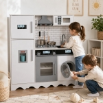 Детска Дървена Кухня GINGER HOME с Хладилник, Мивка с Течаща Вода, Микровълнова, Пералня и Електронни Функции, 97x30x94 см