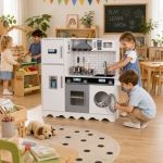 Детска Дървена Кухня GINGER HOME с Хладилник, Мивка с Течаща Вода, Микровълнова, Пералня и Електронни Функции, 97x30x94 см