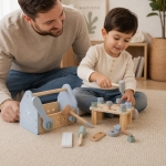 Детска Дървена Кутия с Инструменти GINGER HOME, Мини Работилница с 22 Части, Синя, 22x13x14 см